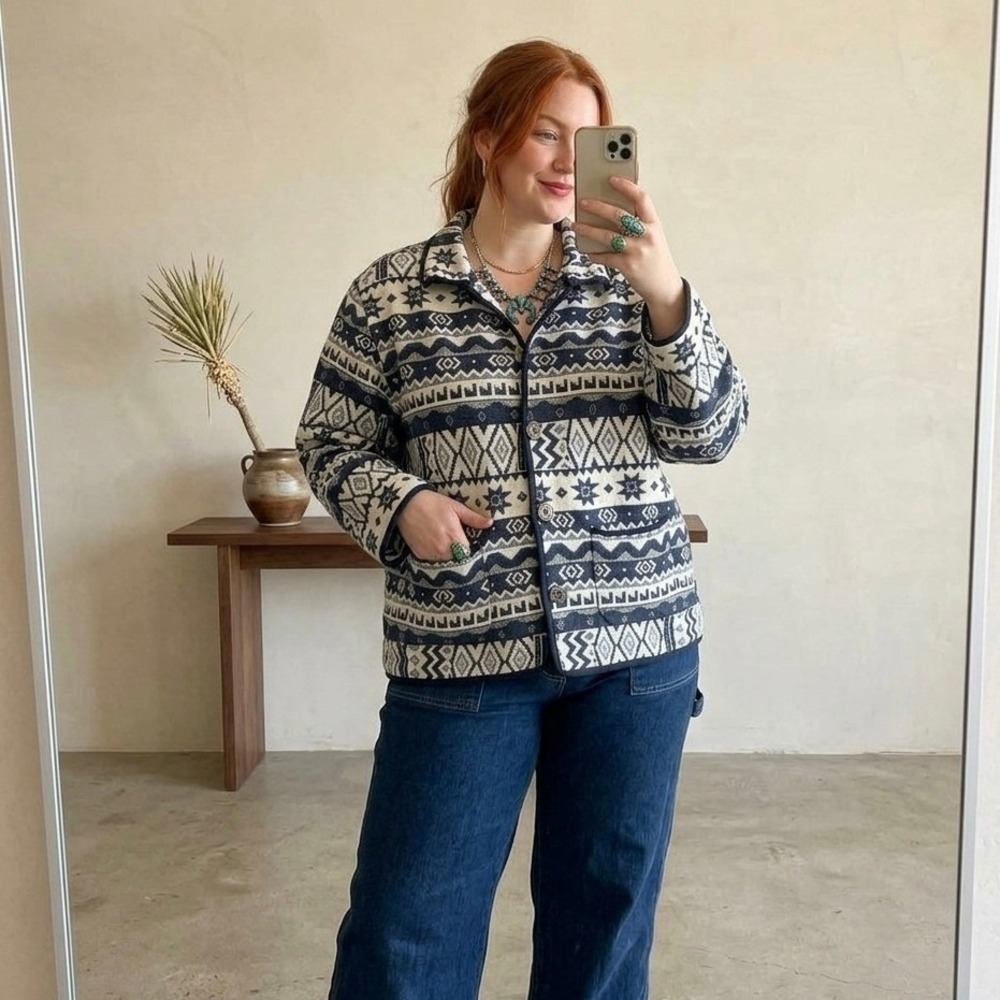 Jane Ashley Womens Large Blue White Southwestern Cotton Tapestry Button Jacket